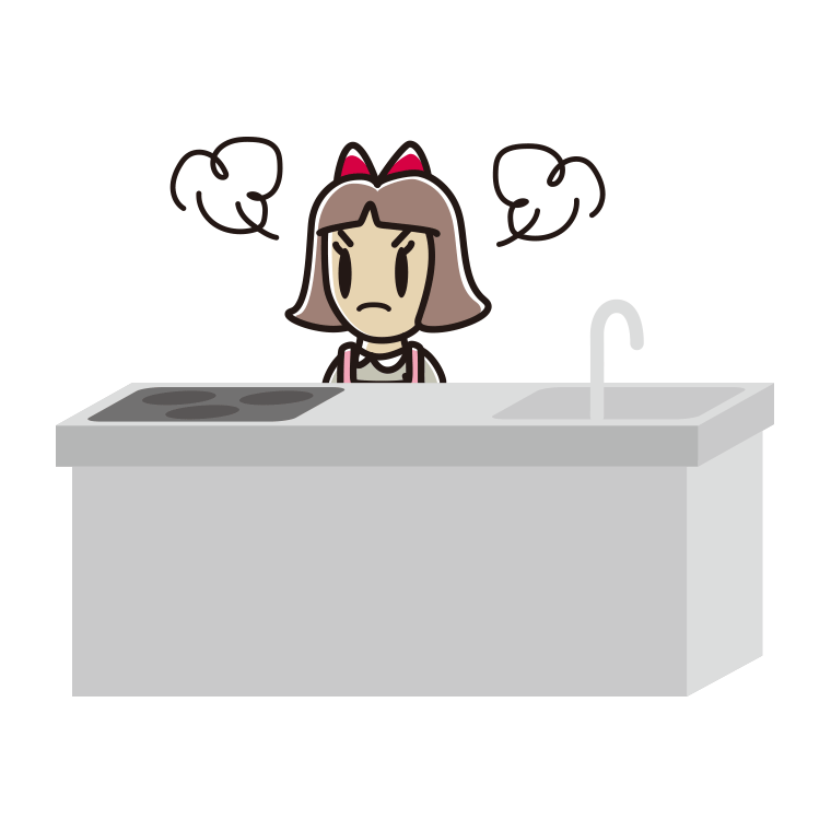 キッチンで怒る小学生女子のイラスト【色あり、背景なし】透過PNG