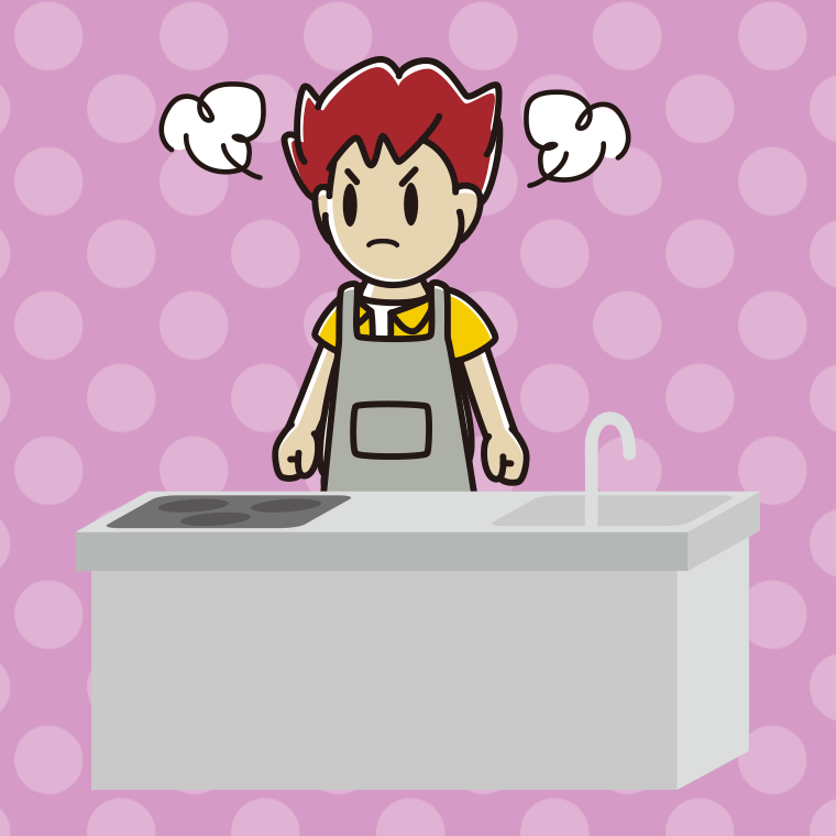 キッチンで怒る男子大学生のイラスト【色、背景あり】PNG
