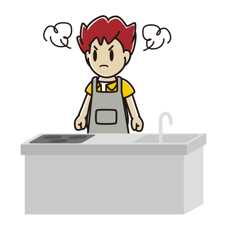 キッチンで怒る男子大学生のイラスト【色あり、背景なし】透過PNG