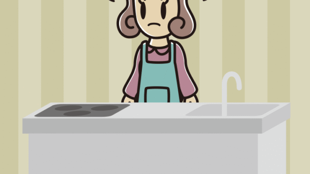 キッチンで怒る女子大学生のイラスト【色、背景あり】PNG