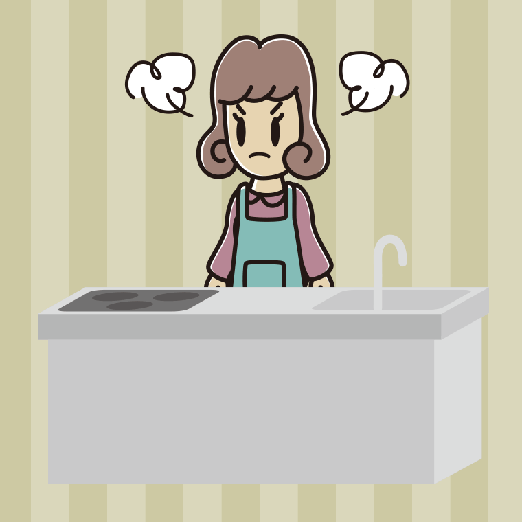 キッチンで怒る女子大学生のイラスト【色、背景あり】PNG