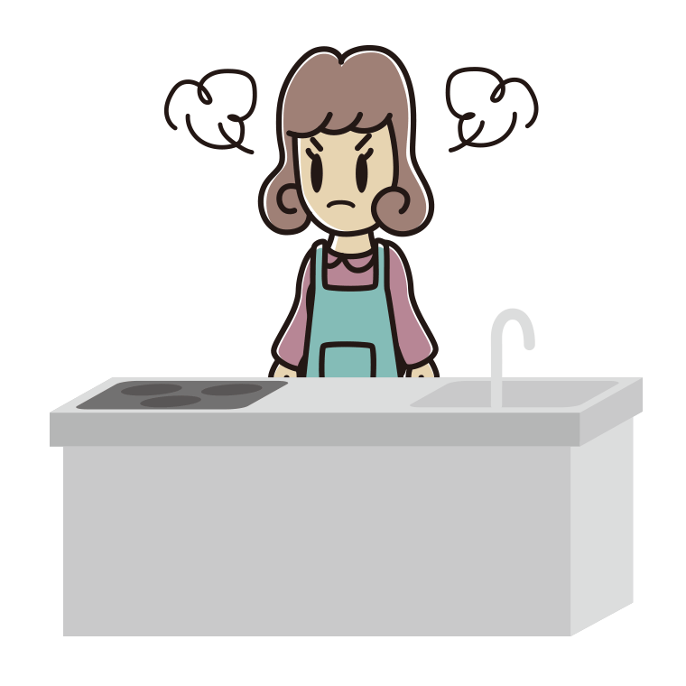 キッチンで怒る女子大学生のイラスト【色あり、背景なし】透過PNG