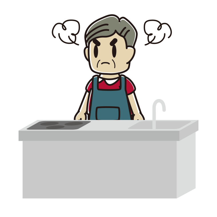 キッチンで怒るおじさんのイラスト【色あり、背景なし】透過PNG