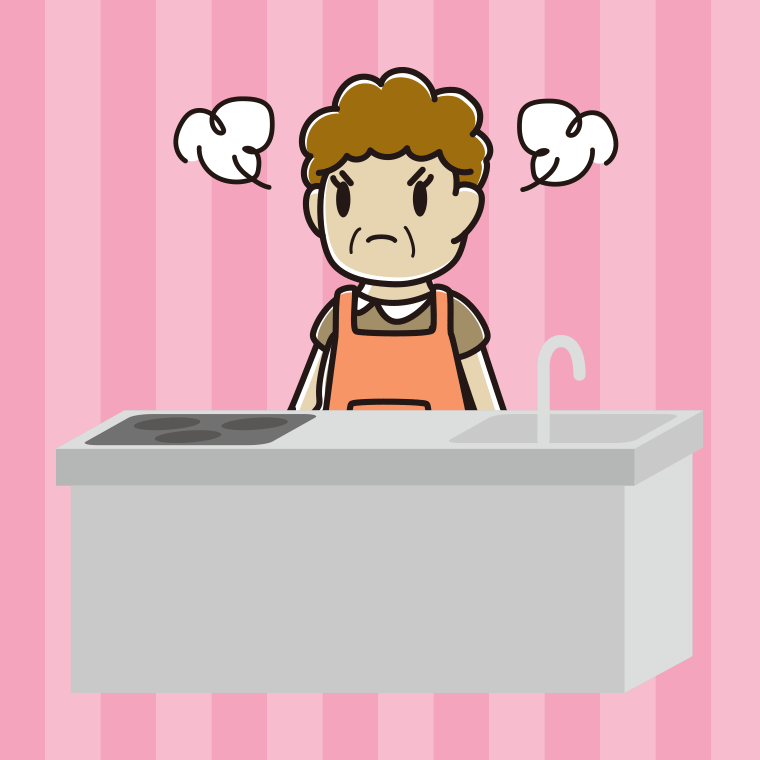 キッチンで怒るおばさんのイラスト【色、背景あり】PNG