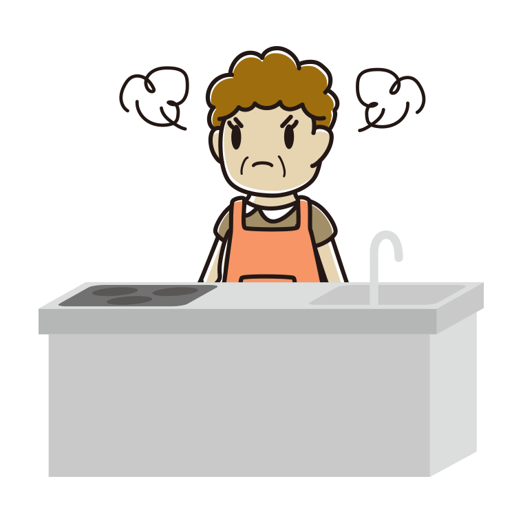 キッチンで怒るおばさんのイラスト【色あり、背景なし】透過PNG