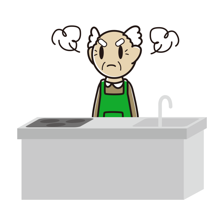 キッチンで怒るおじいさんのイラスト【色あり、背景なし】透過PNG