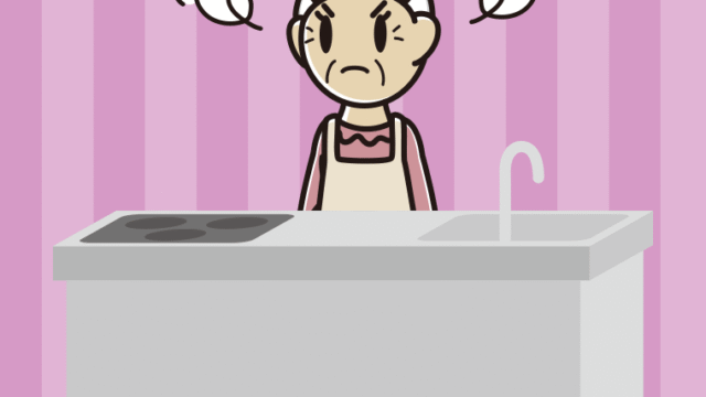 キッチンで怒るおばあさんのイラスト【色、背景あり】PNG