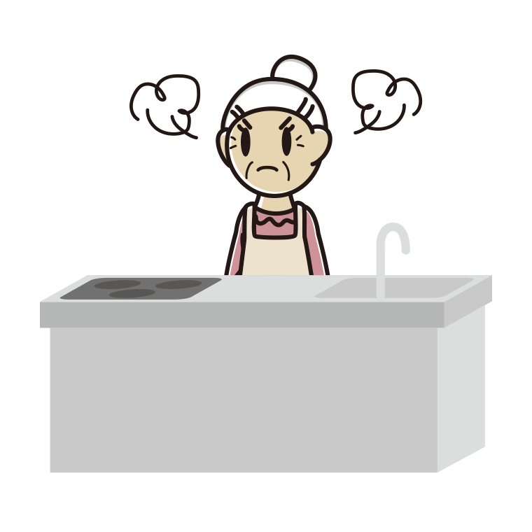 キッチンで怒るおばあさんのイラスト【色あり、背景なし】透過PNG
