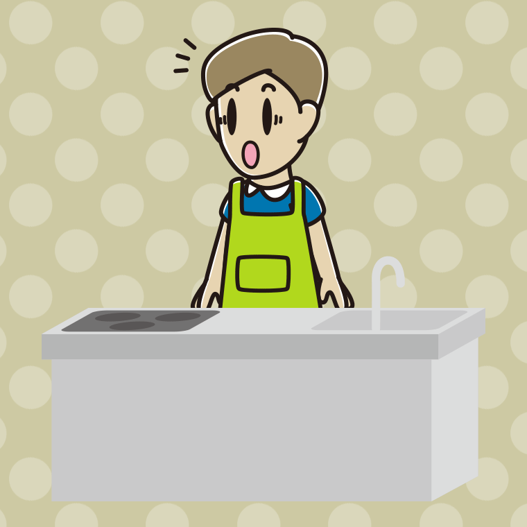 キッチンで驚く男性のイラスト【色、背景あり】PNG