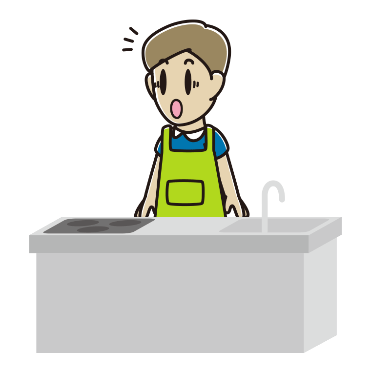 キッチンで驚く男性のイラスト【色あり、背景なし】透過PNG