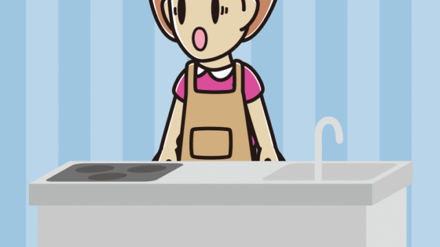 キッチンで驚く女性のイラスト【色、背景あり】PNG