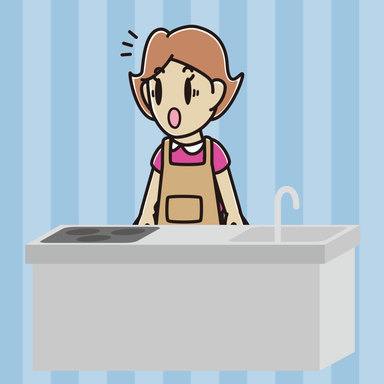 キッチンで驚く女性のイラスト【色、背景あり】PNG