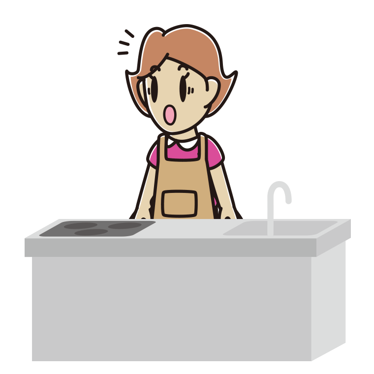 キッチンで驚く女性のイラスト【色あり、背景なし】透過PNG