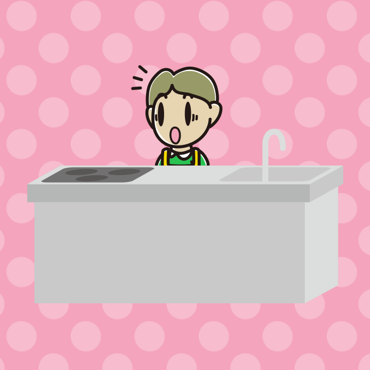 キッチンで驚く小学生男子のイラスト【色、背景あり】PNG