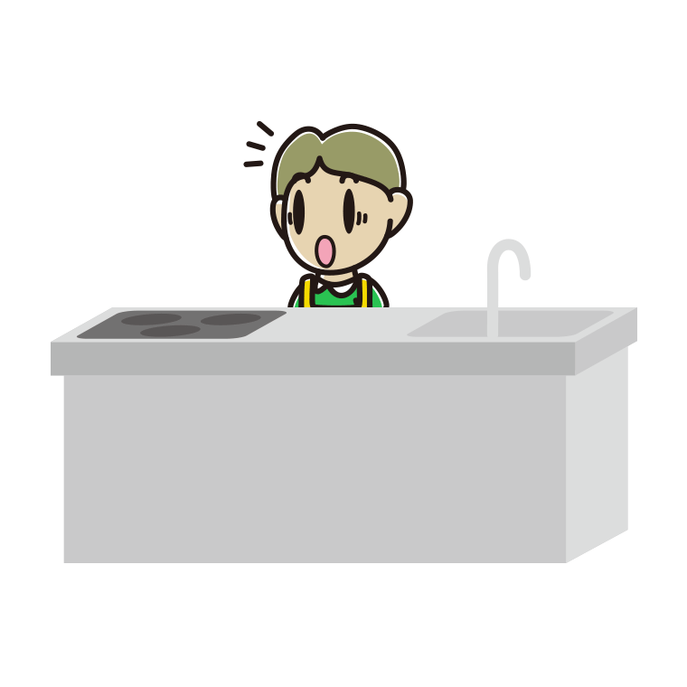 キッチンで驚く小学生男子のイラスト【色あり、背景なし】透過PNG