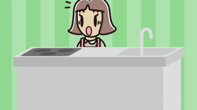 キッチンで驚く小学生女子のイラスト【色、背景あり】PNG