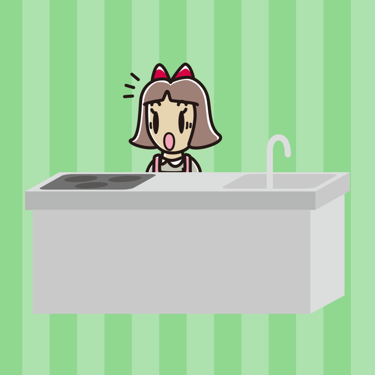 キッチンで驚く小学生女子のイラスト【色、背景あり】PNG