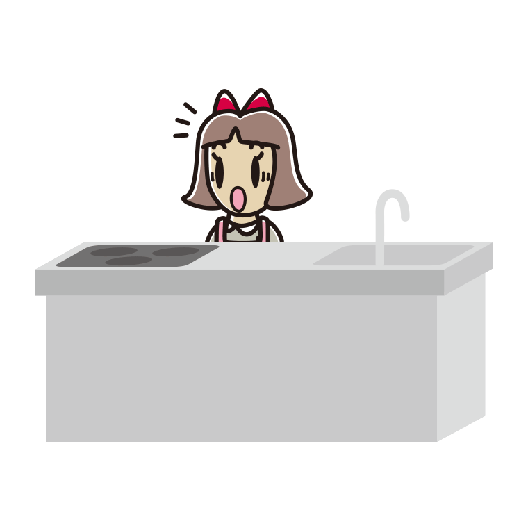キッチンで驚く小学生女子のイラスト【色あり、背景なし】透過PNG