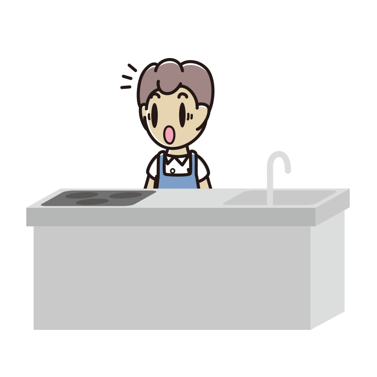 キッチンで驚く男子中学生のイラスト【色あり、背景なし】透過PNG