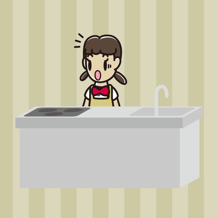 キッチンで驚く女子中学生のイラスト【色、背景あり】PNG