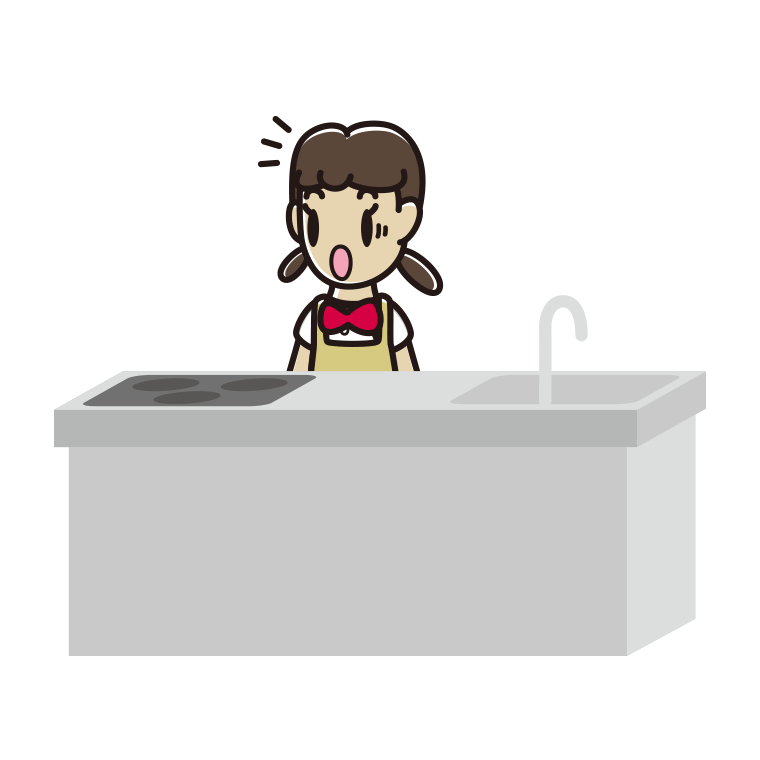 キッチンで驚く女子中学生のイラスト【色あり、背景なし】透過PNG