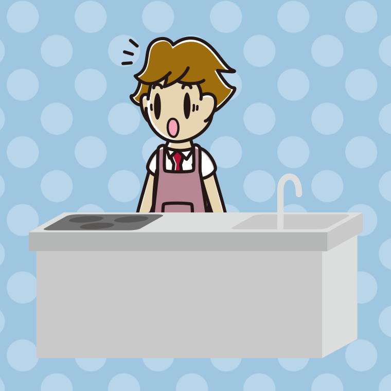 キッチンで驚く男子高校生のイラスト【色、背景あり】PNG