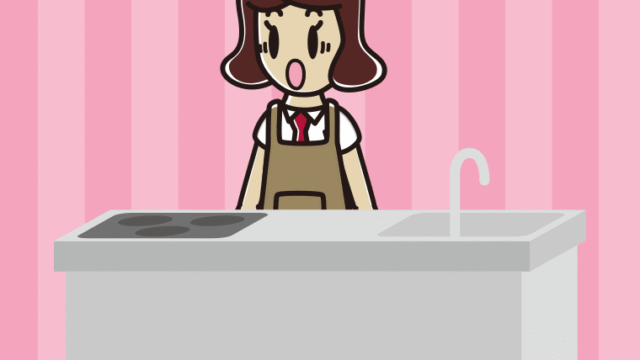 キッチンで驚く女子高校生のイラスト【色、背景あり】PNG