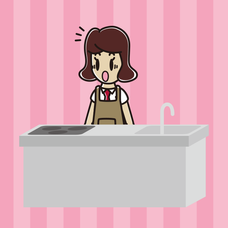 キッチンで驚く女子高校生のイラスト【色、背景あり】PNG