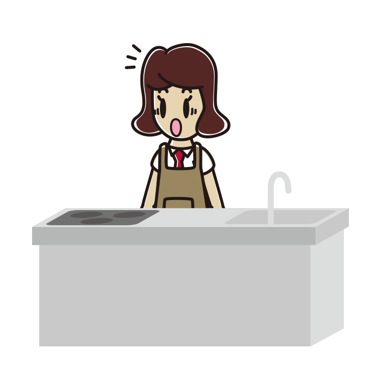 キッチンで驚く女子高校生のイラスト【色あり、背景なし】透過PNG