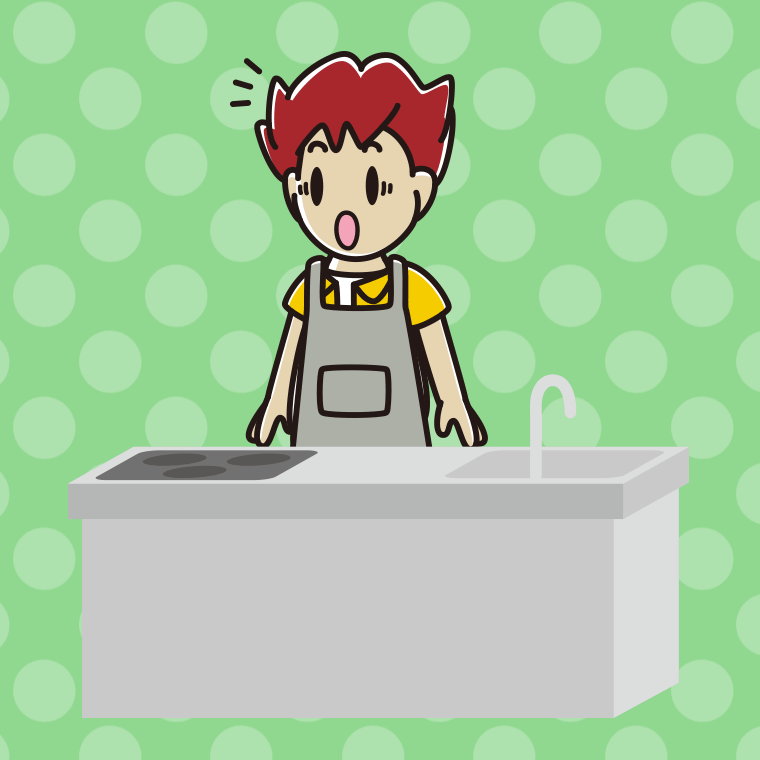 キッチンで驚く男子大学生のイラスト【色、背景あり】PNG