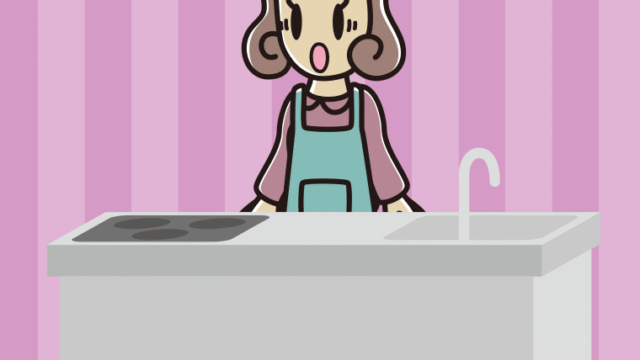 キッチンで驚く女子大学生のイラスト【色、背景あり】PNG