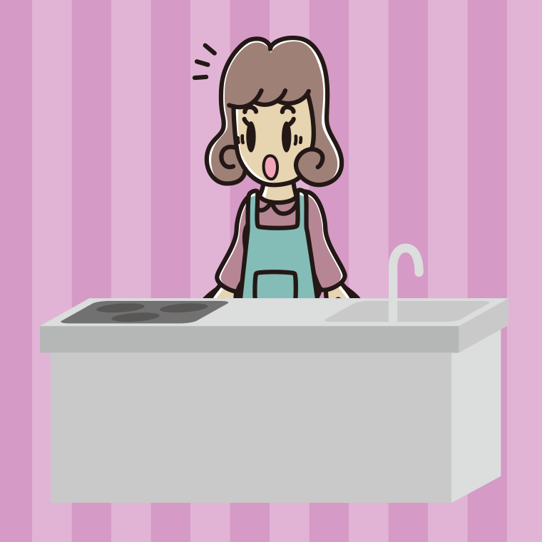 キッチンで驚く女子大学生のイラスト【色、背景あり】PNG