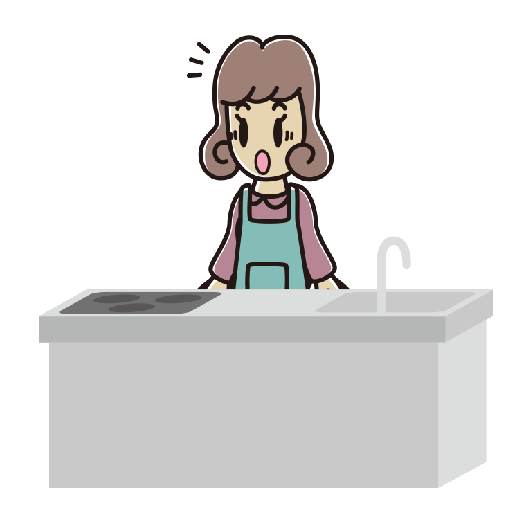 キッチンで驚く女子大学生のイラスト【色あり、背景なし】透過PNG