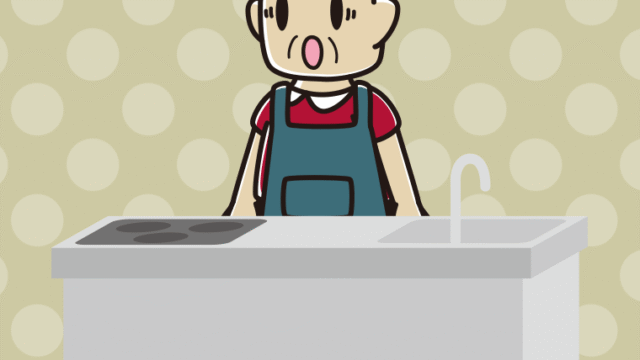 キッチンで驚くおじさんのイラスト【色、背景あり】PNG