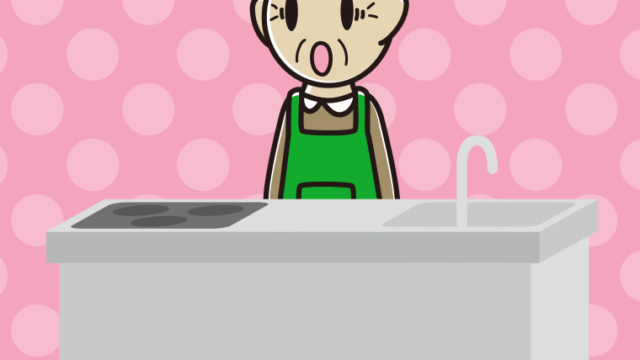 キッチンで驚くおじいさんのイラスト【色、背景あり】PNG