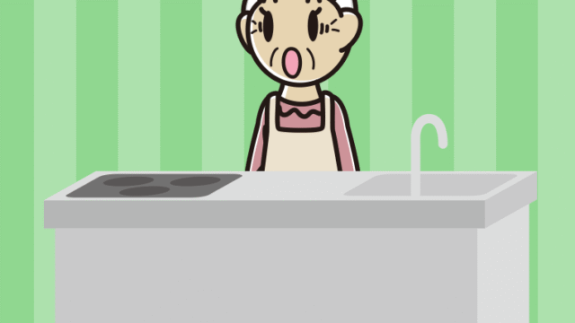 キッチンで驚くおばあさんのイラスト【色、背景あり】PNG