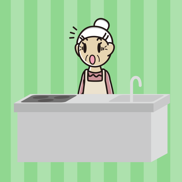 キッチンで驚くおばあさんのイラスト【色、背景あり】PNG