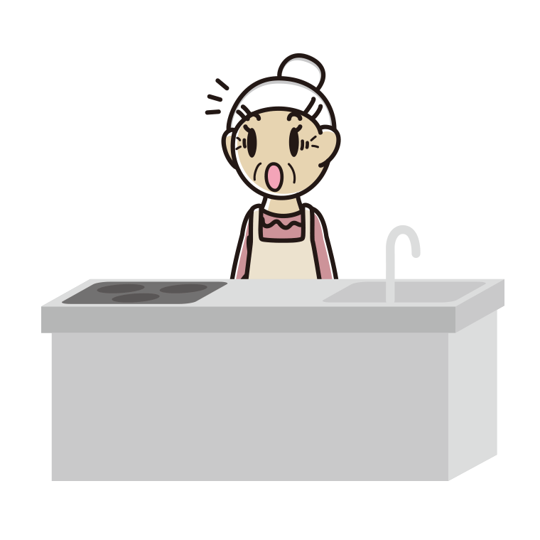 キッチンで驚くおばあさんのイラスト【色あり、背景なし】透過PNG