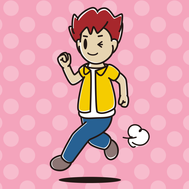 走りながらウインクする男子大学生のイラスト【色、背景あり】PNG