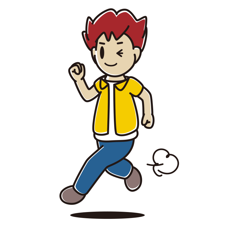 走りながらウインクする男子大学生のイラスト【色あり、背景なし】透過PNG