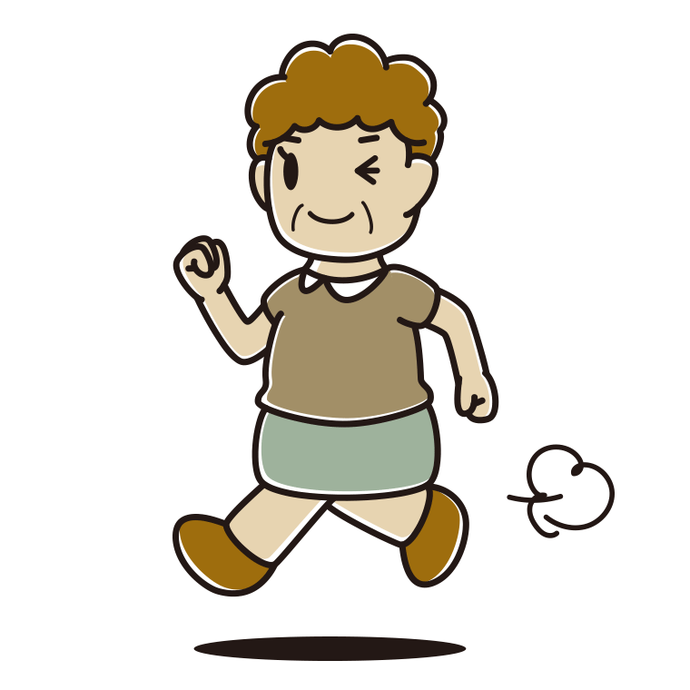 走りながらウインクするおばさんのイラスト【色あり、背景なし】透過PNG