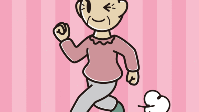 走りながらウインクするおばあさんのイラスト【色、背景あり】PNG