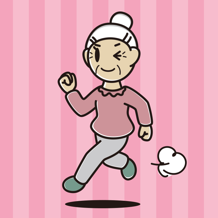 走りながらウインクするおばあさんのイラスト【色、背景あり】PNG