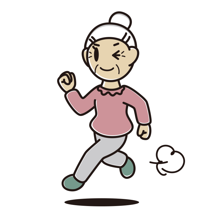 走りながらウインクするおばあさんのイラスト【色あり、背景なし】透過PNG