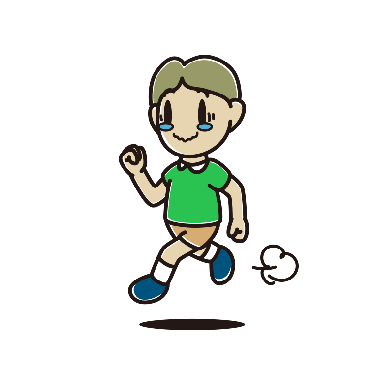 ジーンとしながら走る小学生男子のイラスト【色あり、背景なし】透過PNG