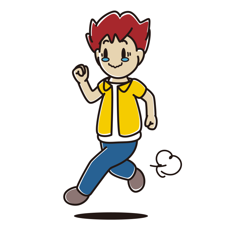ジーンとしながら走る男子大学生のイラスト【色あり、背景なし】透過PNG