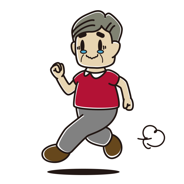 ジーンとしながら走るおじさんのイラスト【色あり、背景なし】透過PNG