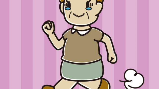 ジーンとしながら走るおばさんのイラスト【色、背景あり】PNG