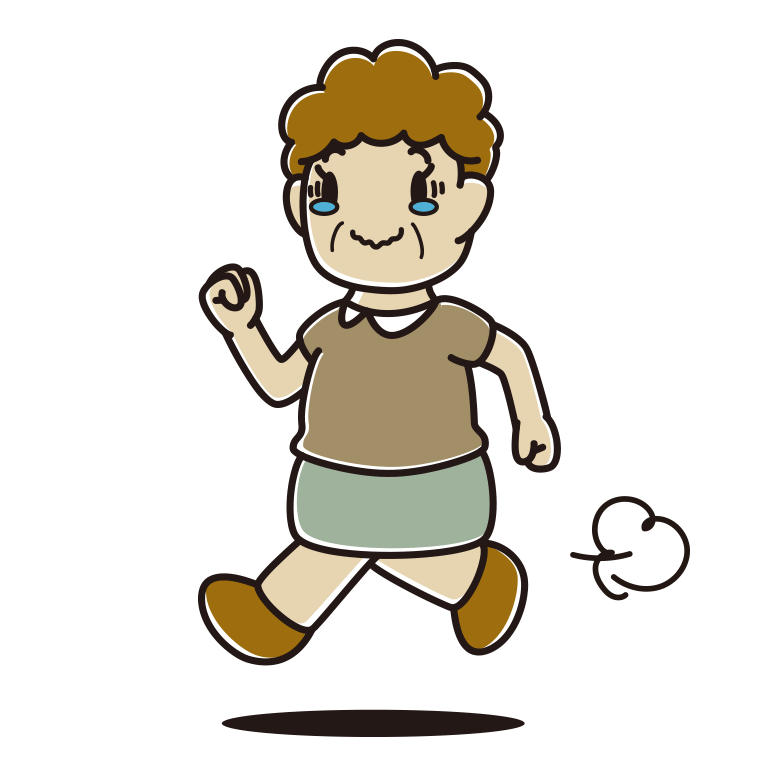 ジーンとしながら走るおばさんのイラスト【色あり、背景なし】透過PNG