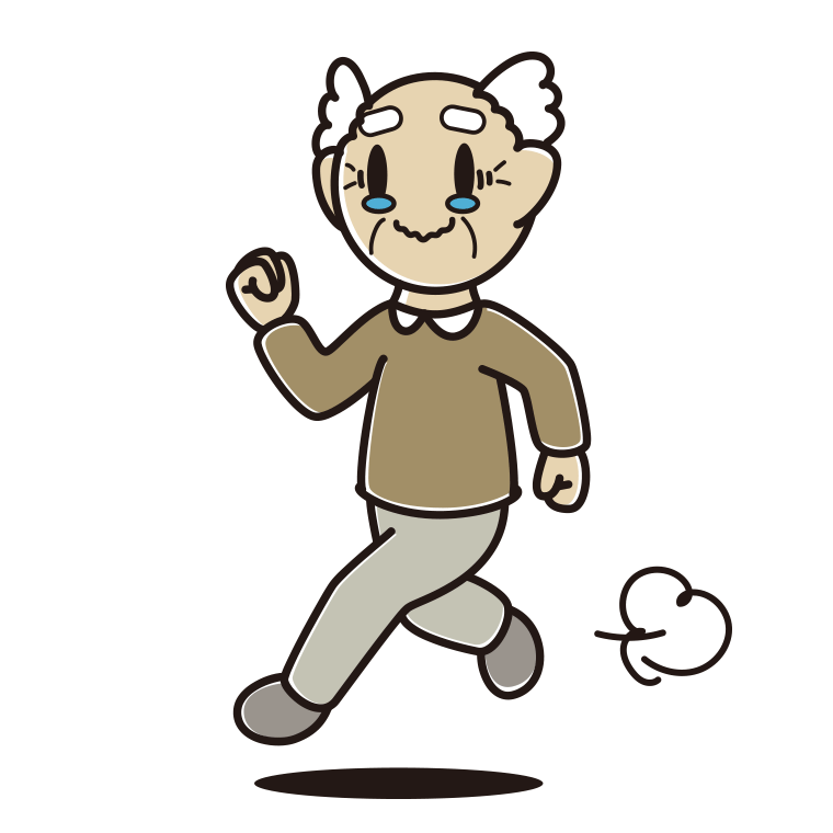 ジーンとしながら走るおじいさんのイラスト【色あり、背景なし】透過PNG